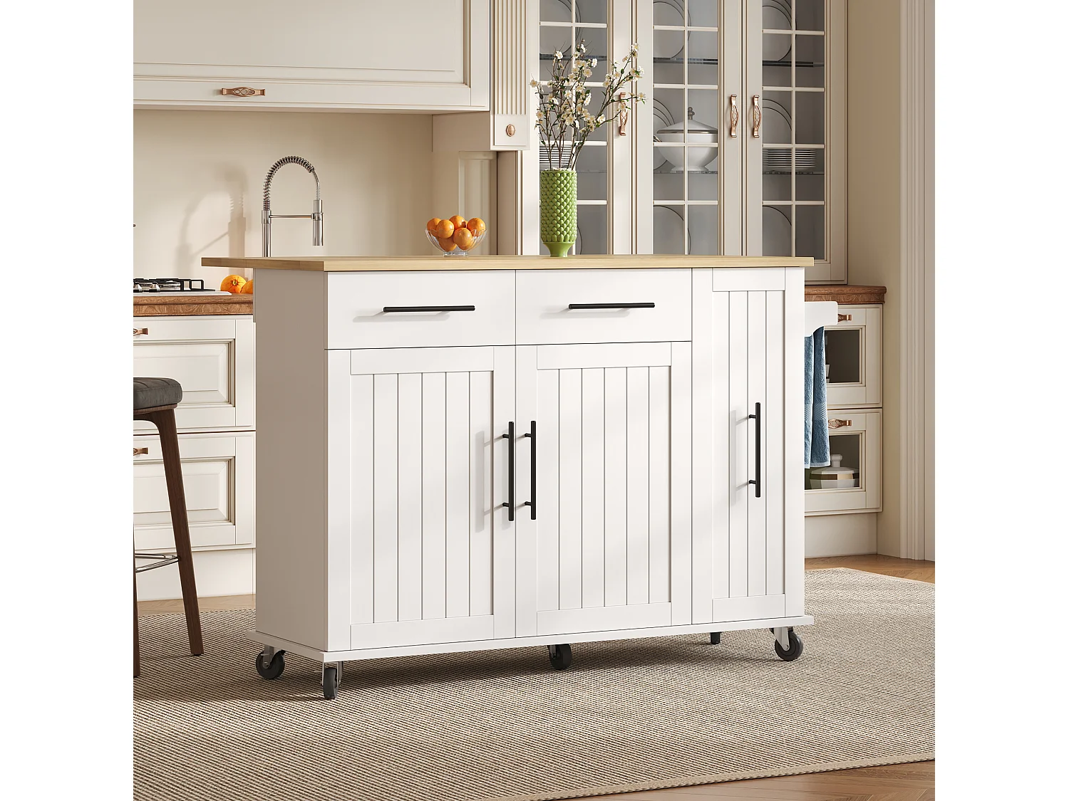 Desserte de cuisine à roulettes avec 2 tiroirs, 2 portes et étagères internes, plateau extensible en finition bois, blanc