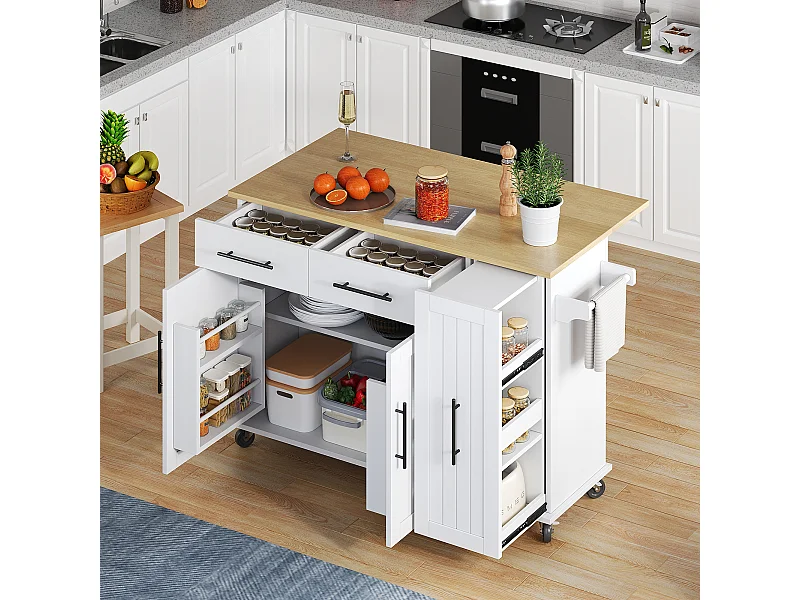 Carrello da cucina su ruote con 2 cassetti, 2 ante e ripiani interni, piano allungabile in finitura legno, bianco