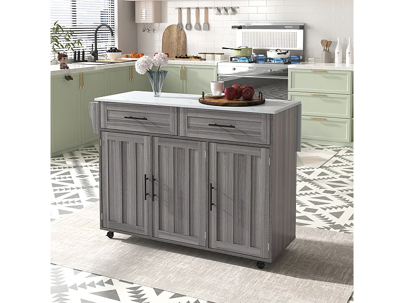 Desserte de cuisine à roulettes avec 2 tiroirs, 3 portes, plateau extensible en placage marbre blanc, corps gris