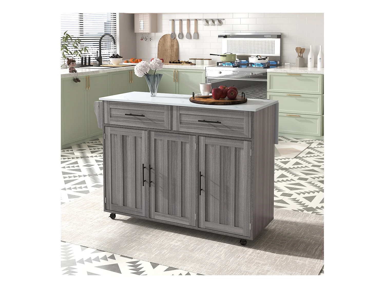 Desserte de cuisine à roulettes avec 2 tiroirs, 3 portes, plateau extensible en placage marbre blanc, corps gris