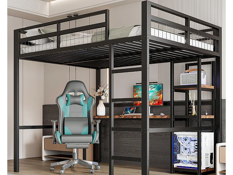 Mezzanine iluminado 140x200 cm - con escritorio - con USB + Type-C - barandilla - escalera - negro (sin colchón)