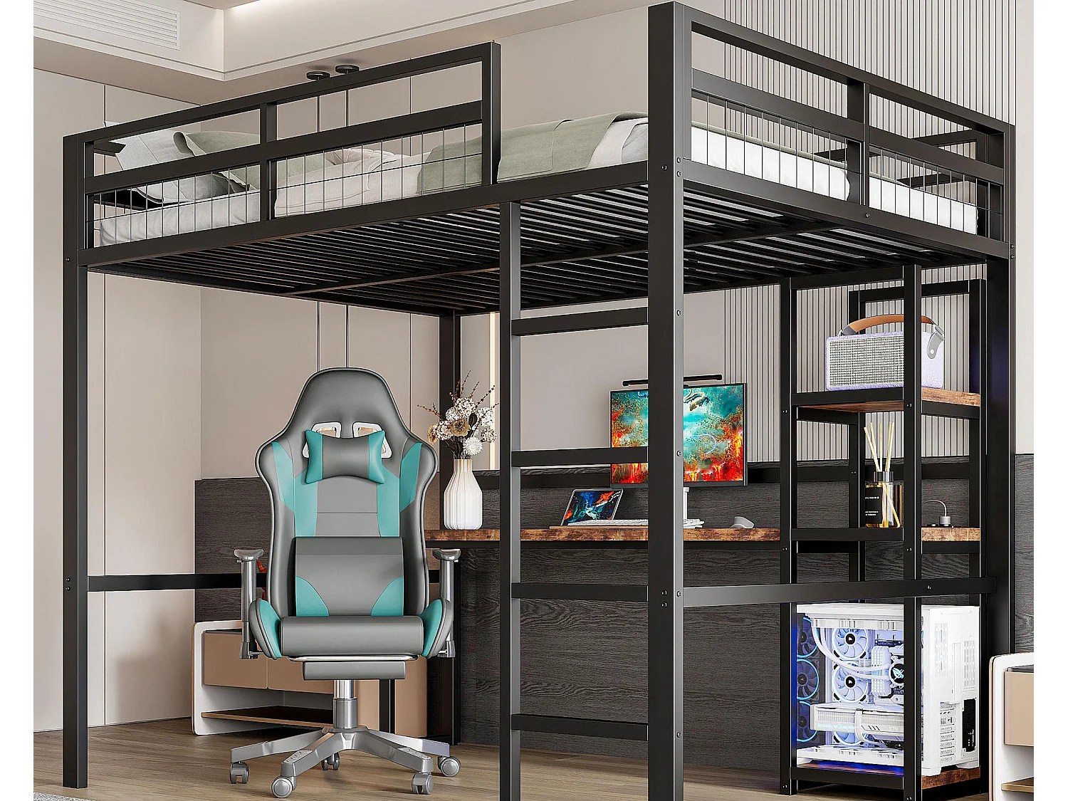 Lit mezzanine 140x200 cm - avec bureau - avec USB + Type-C - garde-corps - échelle - noir (sans matelas)