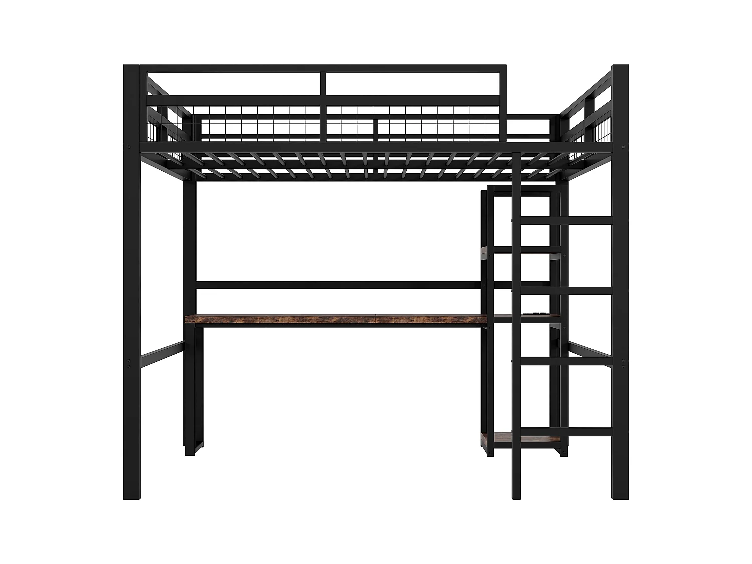 Lit mezzanine 140x200 cm - avec bureau - avec USB + Type-C - garde-corps - échelle - noir (sans matelas)