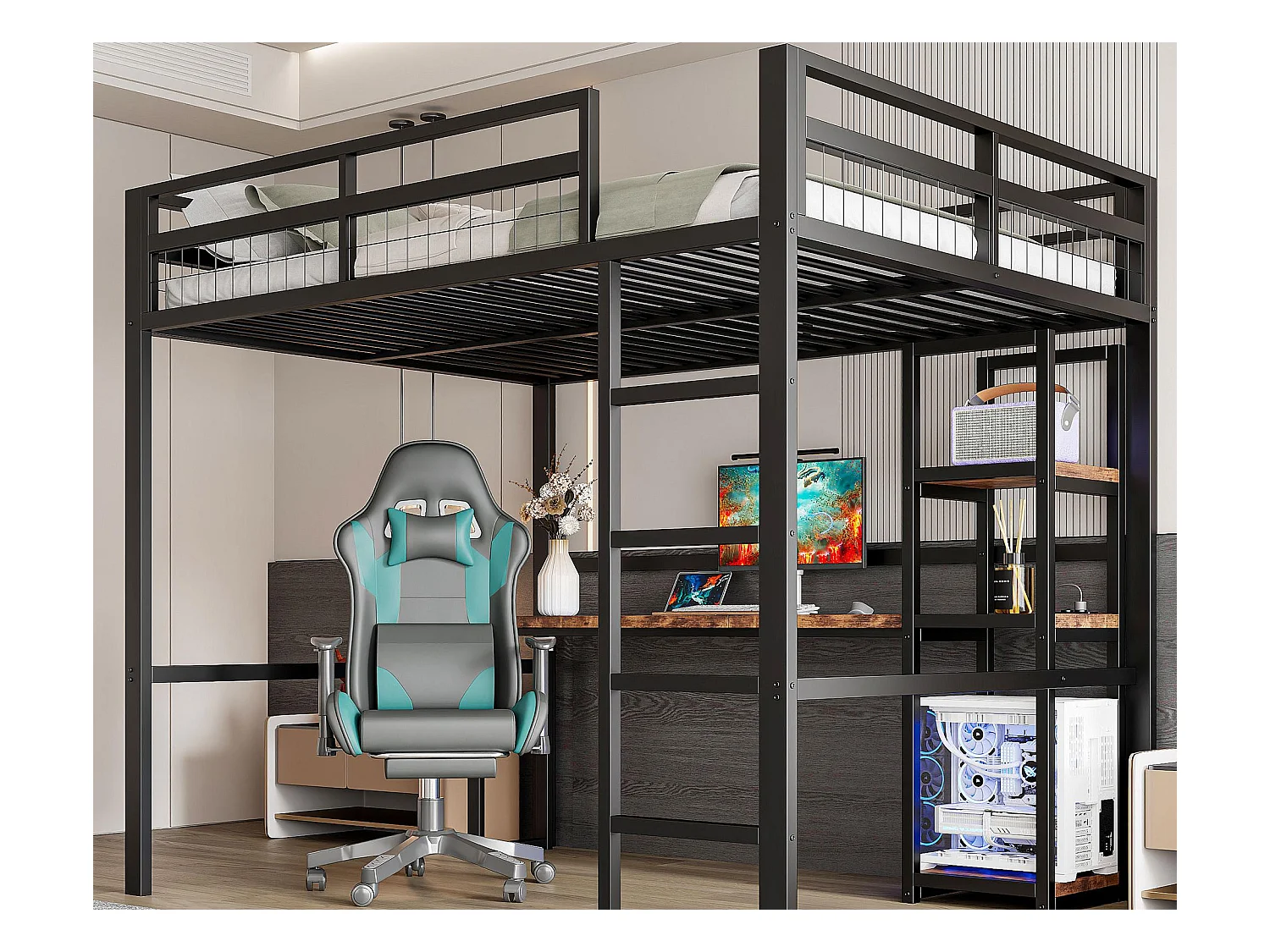 Lit mezzanine 140x200 cm - avec bureau - avec USB + Type-C - garde-corps - échelle - noir (sans matelas)