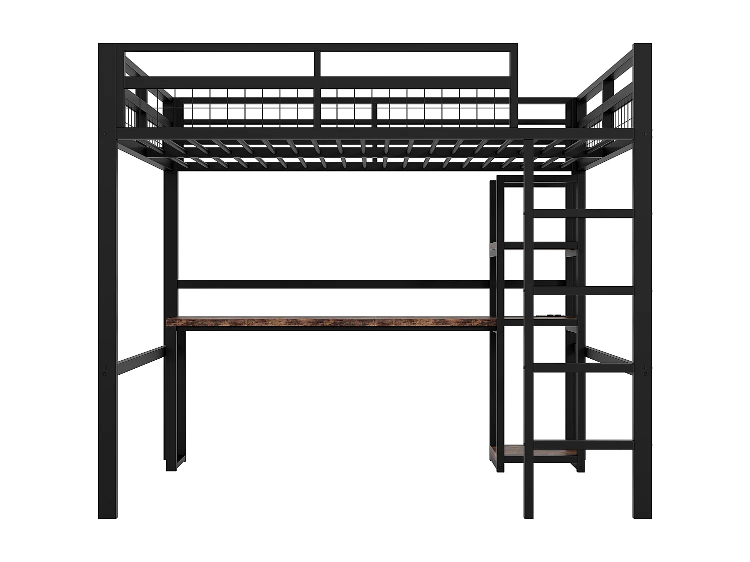 Lit mezzanine 140x200 cm - avec bureau - avec USB + Type-C - garde-corps - échelle - noir (sans matelas)