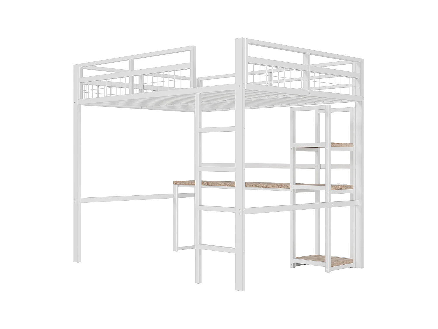 Lit mezzanine 140x200 cm - avec bureau - avec USB + Type-C - garde-corps - échelle - blanc (sans matelas)