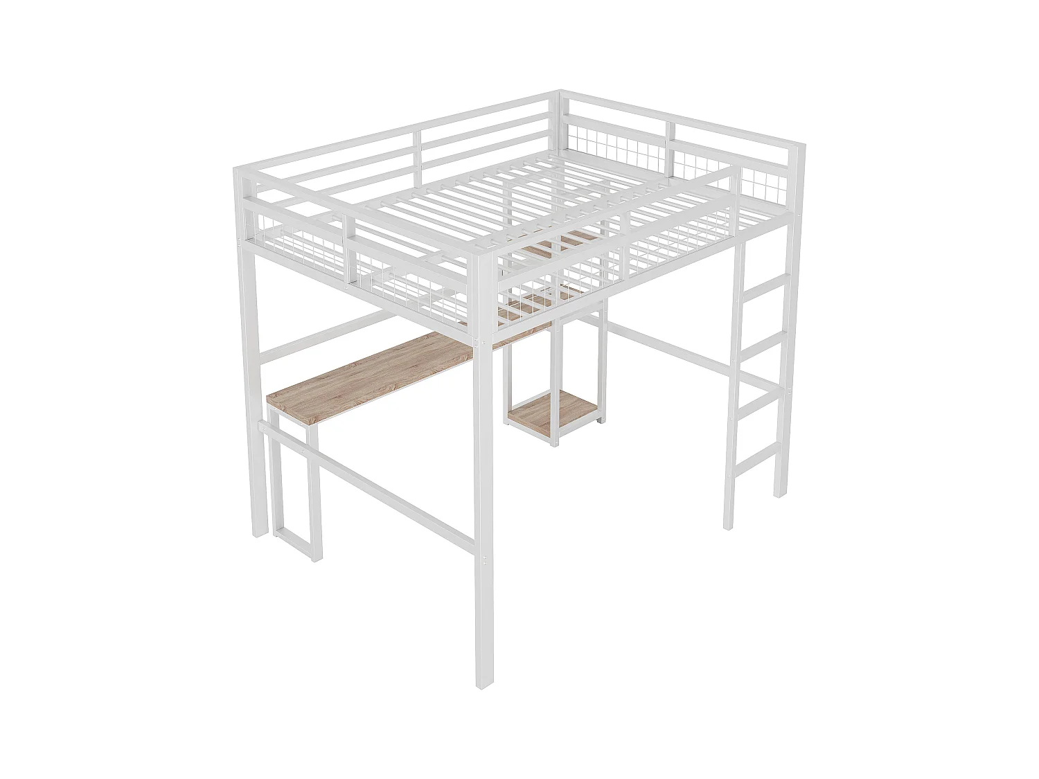 Lit mezzanine 140x200 cm - avec bureau - avec USB + Type-C - garde-corps - échelle - blanc (sans matelas)