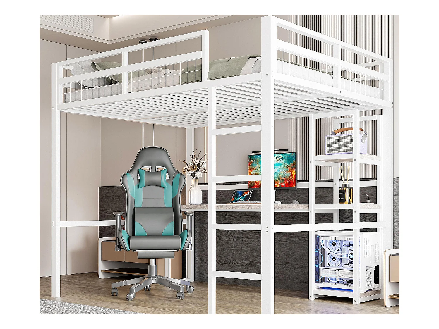 Lit mezzanine 140x200 cm - avec bureau - avec USB + Type-C - garde-corps - échelle - blanc (sans matelas)
