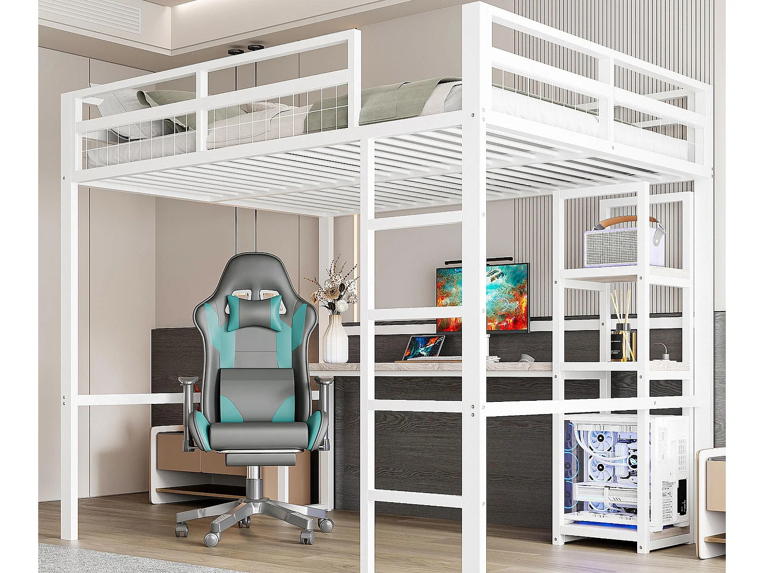 Lit mezzanine 140x200 cm - avec bureau - avec USB + Type-C - garde-corps - échelle - blanc (sans matelas)