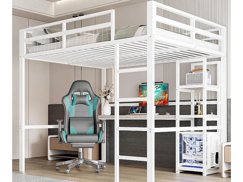 Lit mezzanine 140x200 cm - avec bureau - avec USB + Type-C - garde-corps - échelle - blanc (sans matelas)