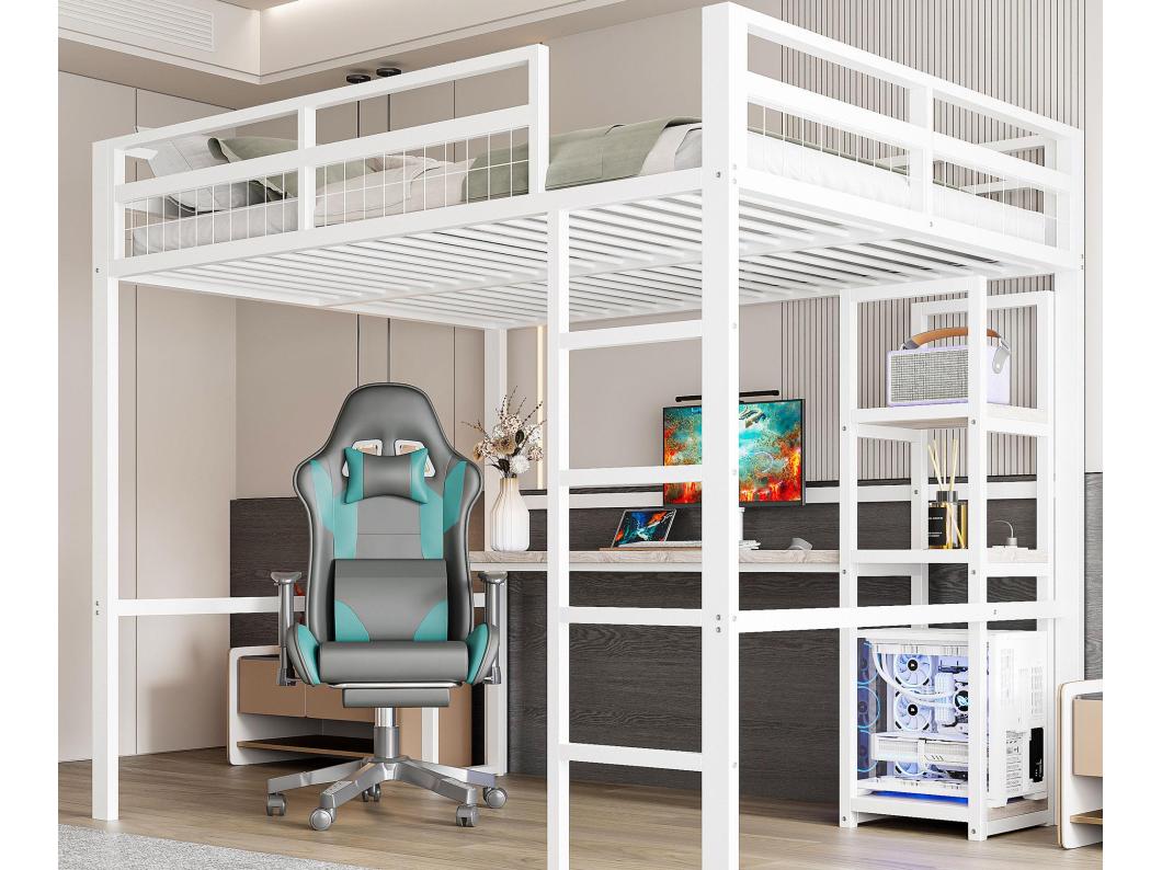 Mezzanine iluminado 140x200 cm - con escritorio - con puertos USB + Type-C - barandilla - escalera - blanco (sin colchón)