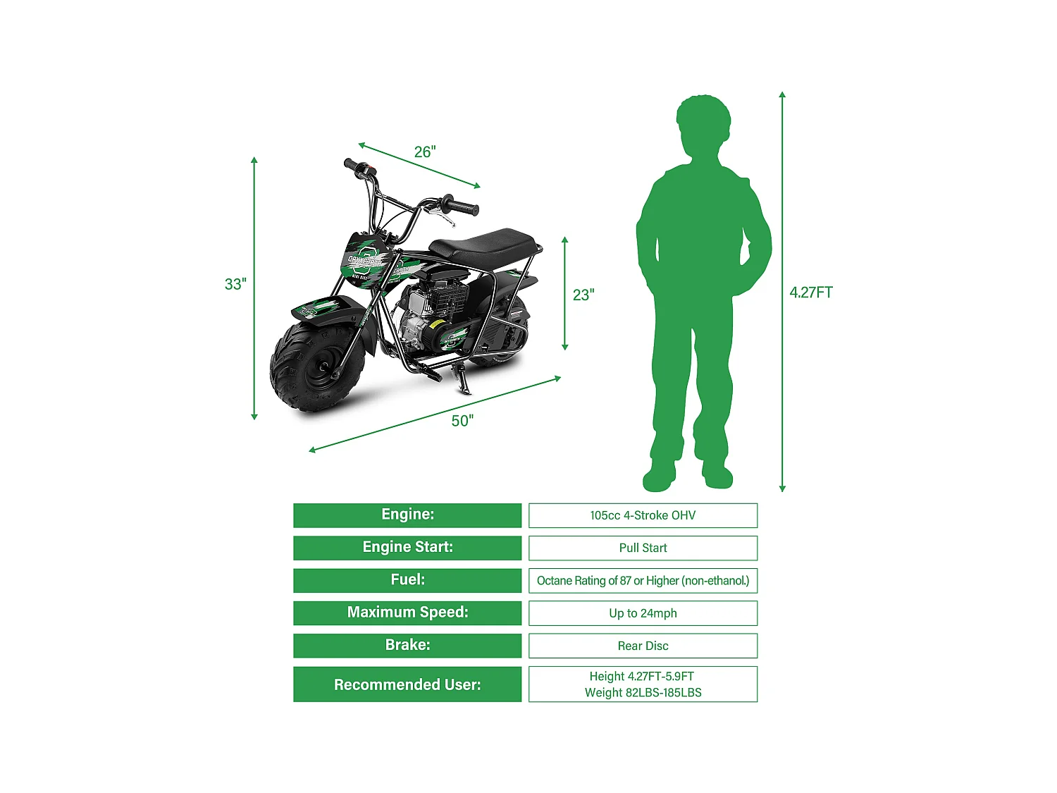Mini Moto Tout-Terrain 105CC Enfant - 4 Temps, Transmission Auto, Démarreur Corde, Finition Vert Brossé - Dès 13 Ans