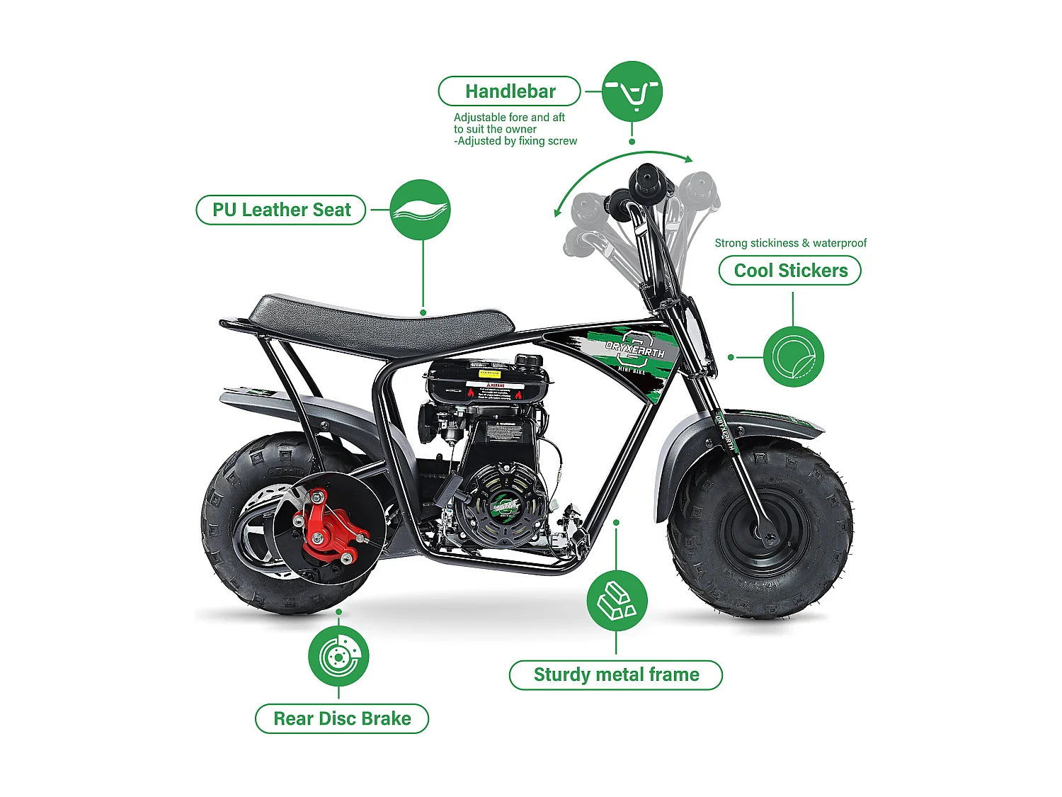 Mini Moto Tout-Terrain 105CC Enfant - 4 Temps, Transmission Auto, Démarreur Corde, Finition Vert Brossé - Dès 13 Ans