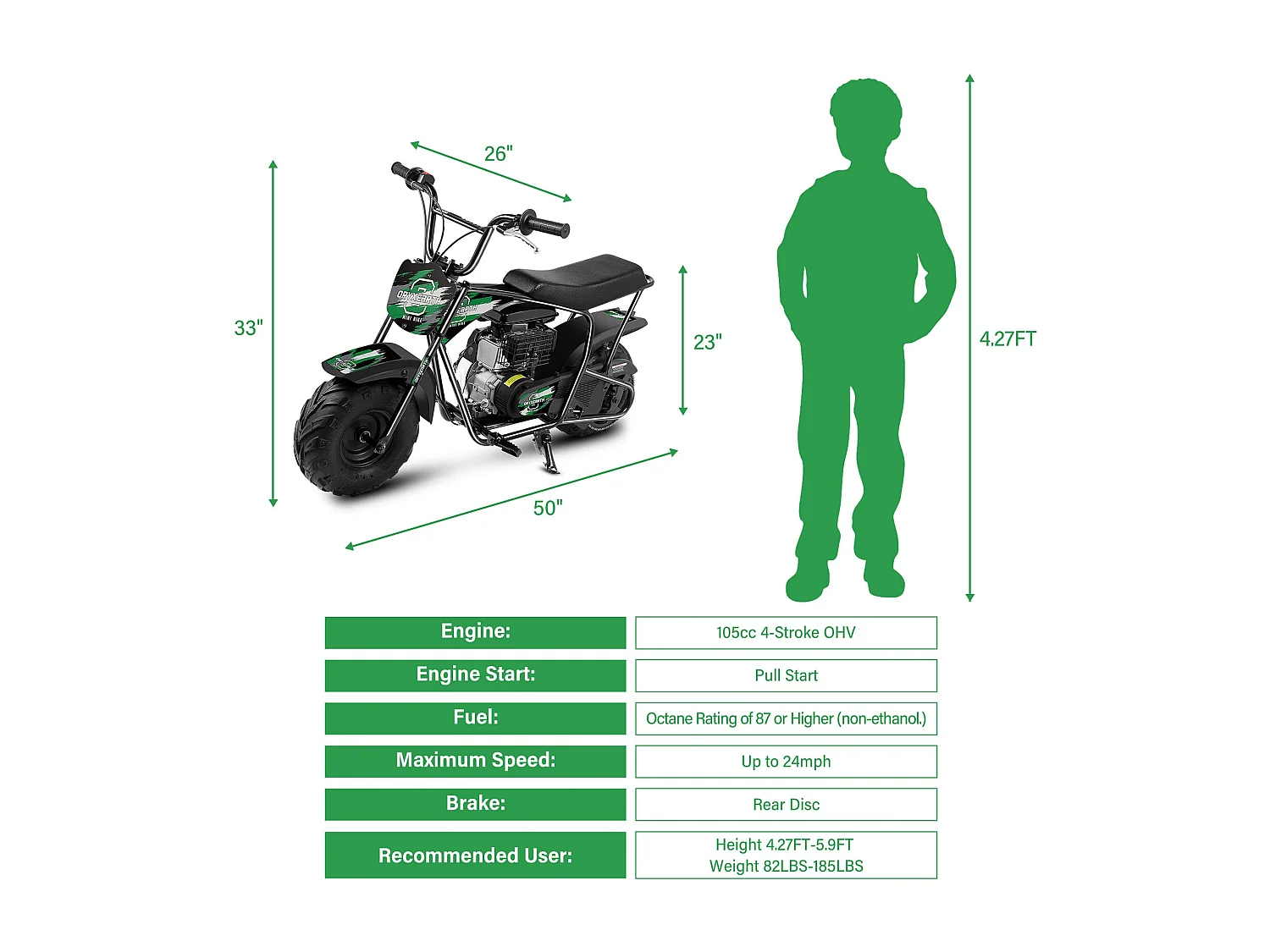 Mini Moto Tout-Terrain 105CC Enfant - 4 Temps, Transmission Auto, Démarreur Corde, Finition Vert Brossé - Dès 13 Ans