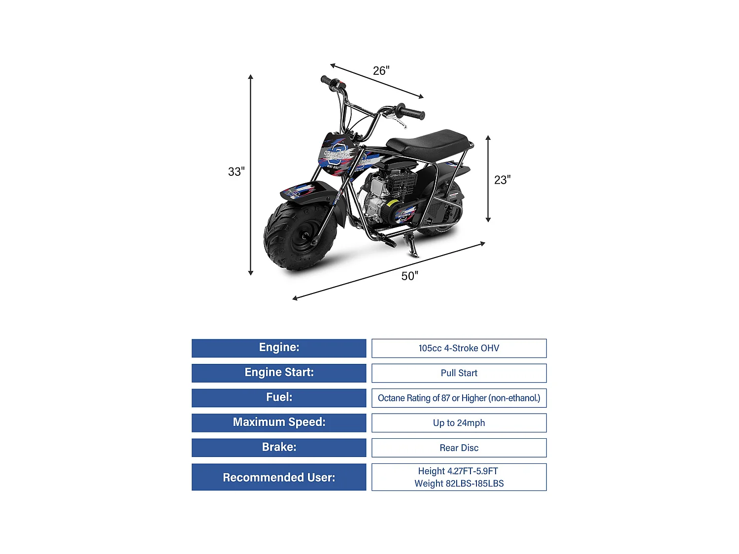 105CC Kids Mini Off-Road Motorfiets - 4-takt, automatische transmissie, trekstarter, geborstelde blauwe afwerking - vanaf 13 jaar