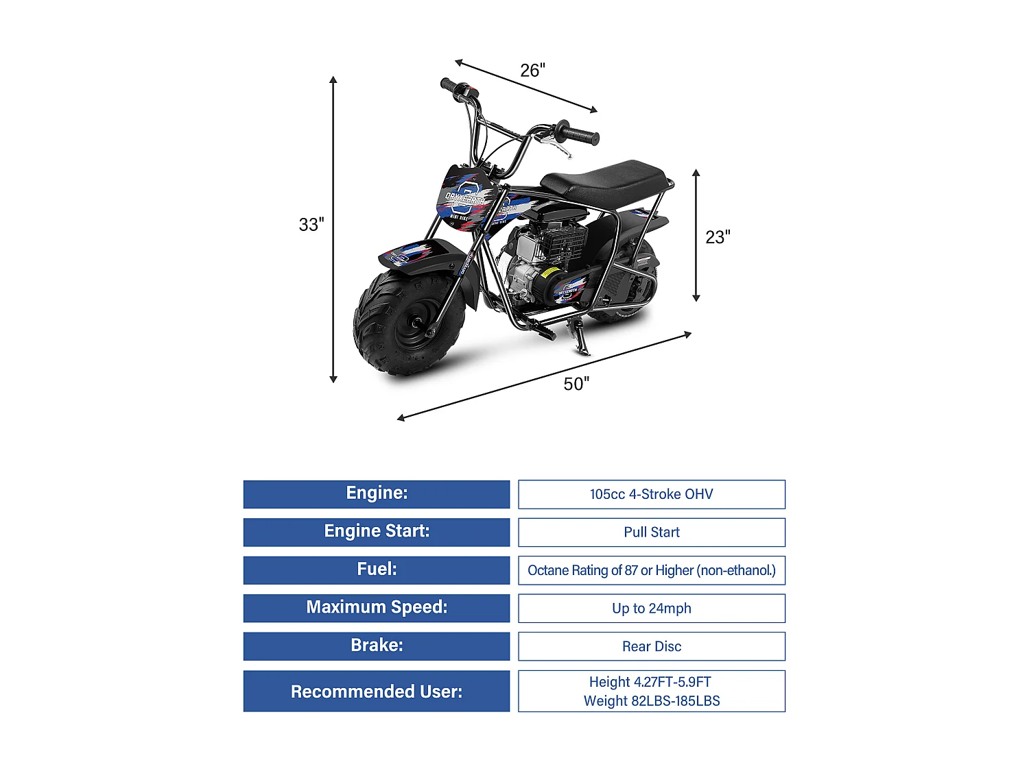 105CC Kids Mini Off-Road Motorfiets - 4-takt, automatische transmissie, trekstarter, geborstelde blauwe afwerking - vanaf 13 jaar