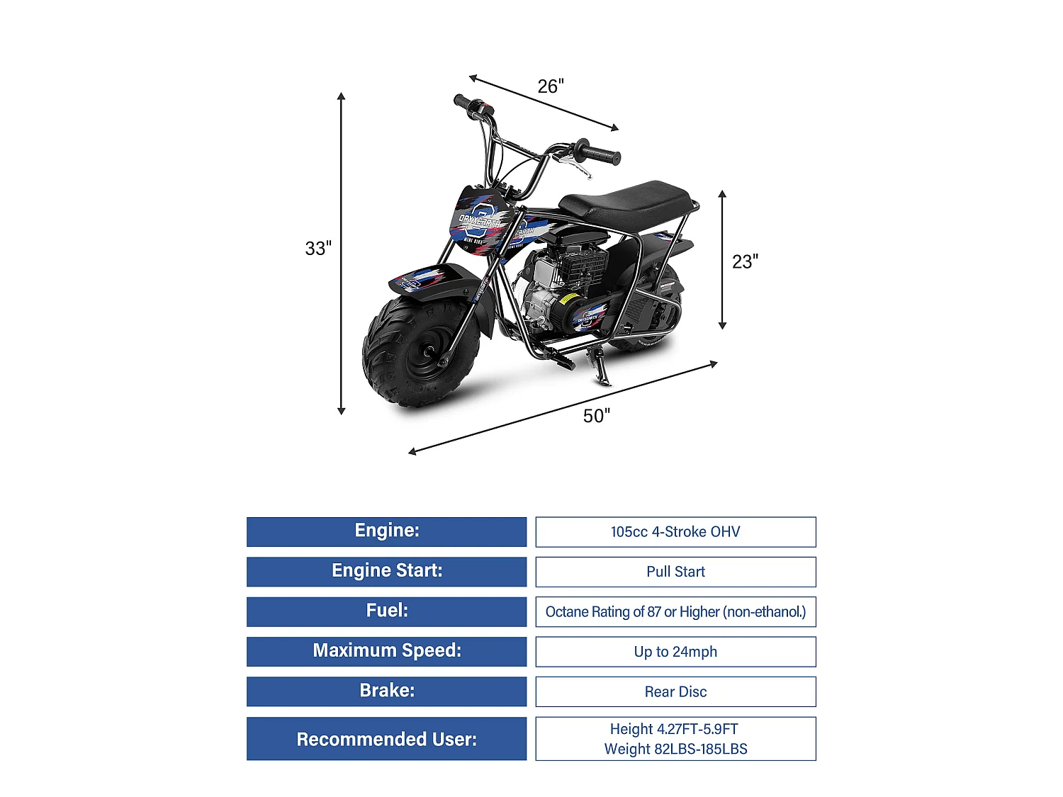 105CC Kids Mini Off-Road Motorfiets - 4-takt, automatische transmissie, trekstarter, geborstelde blauwe afwerking - vanaf 13 jaar