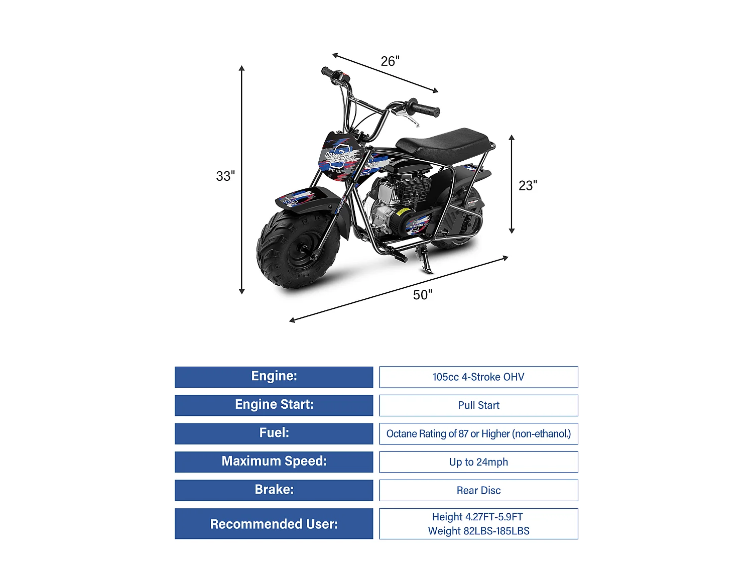 105CC Kids Mini Off-Road Motorfiets - 4-takt, automatische transmissie, trekstarter, geborstelde blauwe afwerking - vanaf 13 jaar