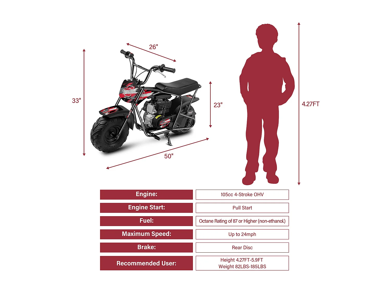 Oryxearth Mini Dirt Bike pour Enfants, 105CC 4 Temps - Moto Tout-Terrain à Essence pour Enfants, Moto Pocket Pit Trail - Certifiée EPA, Vitesse Max 45 km/h, Support