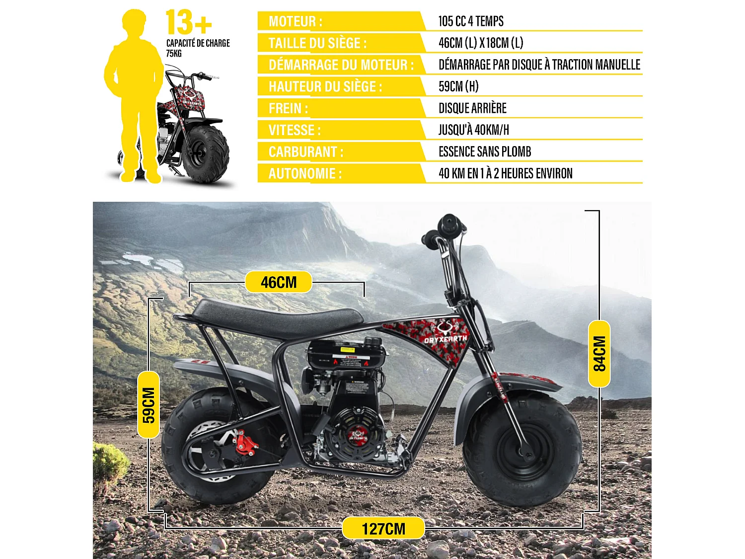 Oryxearth Mini Dirt Bike pour Enfants, 105CC 4 Temps - Moto Tout-Terrain à Essence pour Enfants, Moto Pocket Pit Trail - Certifiée EPA, Vitesse Max 45 km/h, Support