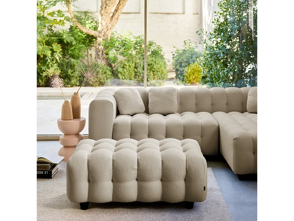 Pouf. module pour canapé. repose-pieds pour canapé d'angle 3 places en bouclette texturée beige L 115 x P 70 x H 48cm - Leon