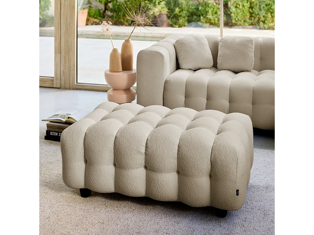 Pouf. module pour canapé. repose-pieds pour canapé d'angle 3 places en bouclette texturée beige L 115 x P 70 x H 48cm - Leon