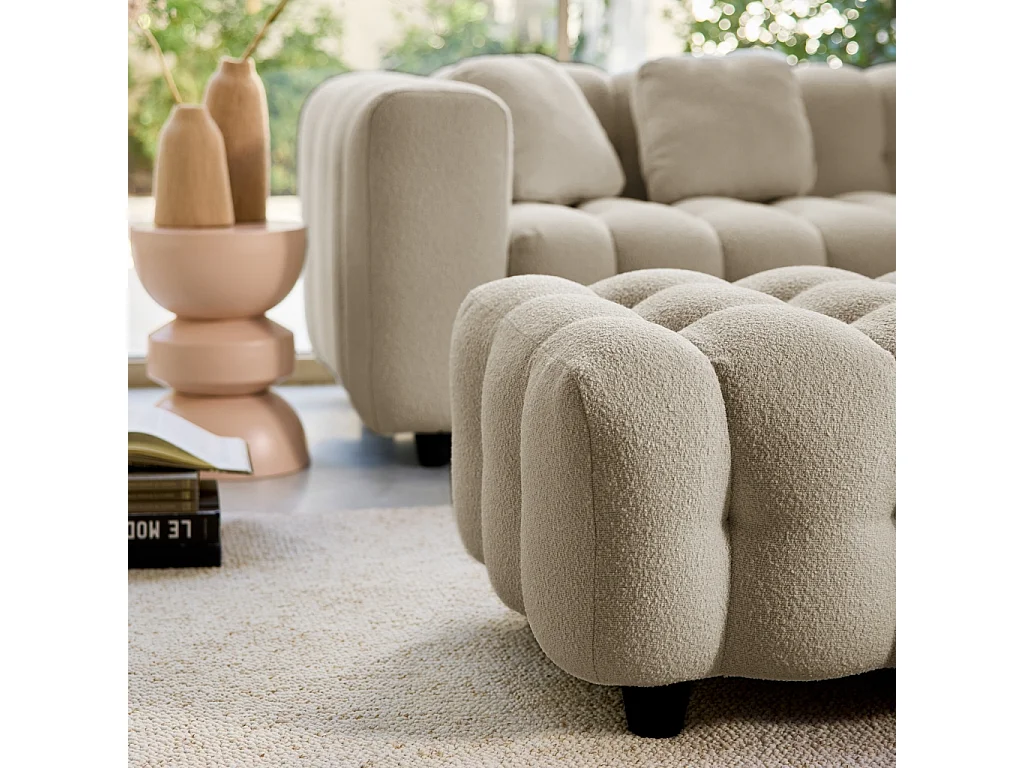 Pouf. module pour canapé. repose-pieds pour canapé d'angle 3 places en bouclette texturée beige L 115 x P 70 x H 48cm - Leon