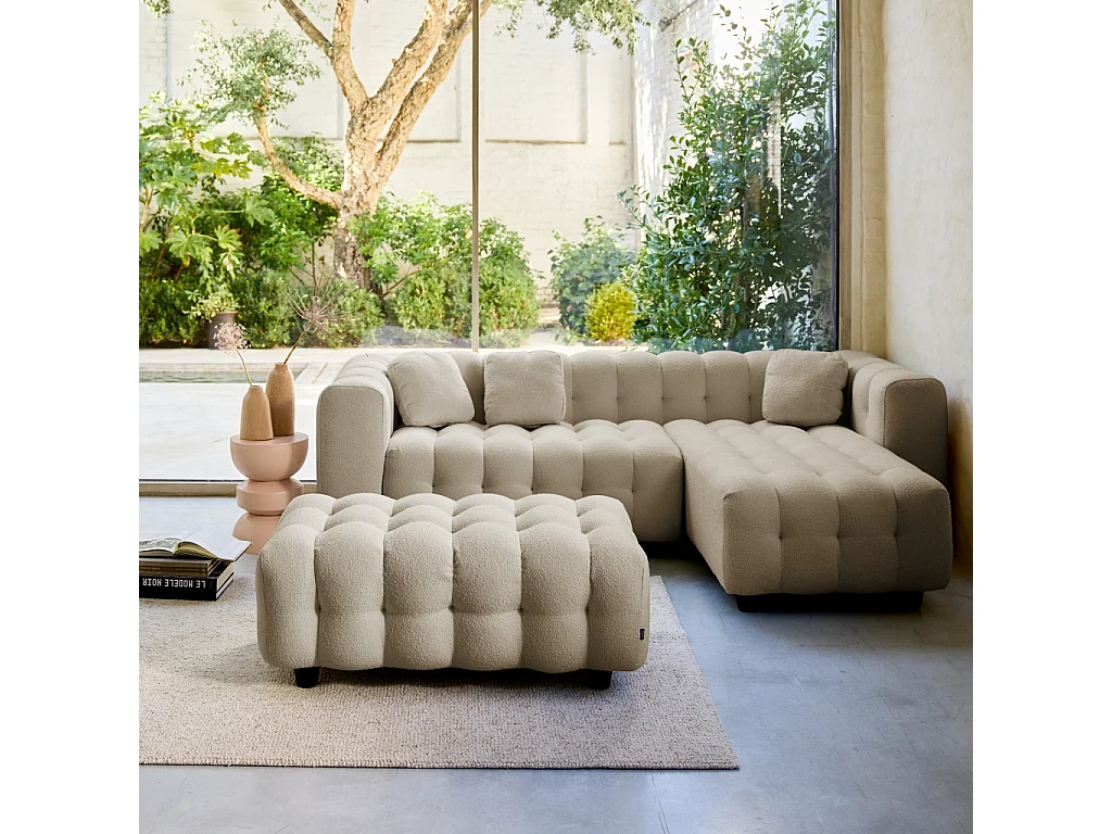 Pouf. module pour canapé. repose-pieds pour canapé d'angle 3 places en bouclette texturée beige L 115 x P 70 x H 48cm - Leon