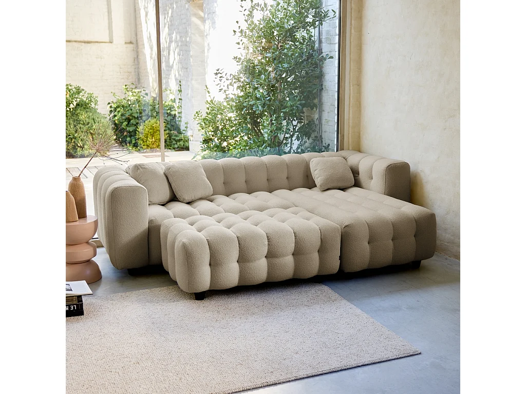 Pouf. module pour canapé. repose-pieds pour canapé d'angle 3 places en bouclette texturée beige L 115 x P 70 x H 48cm - Leon