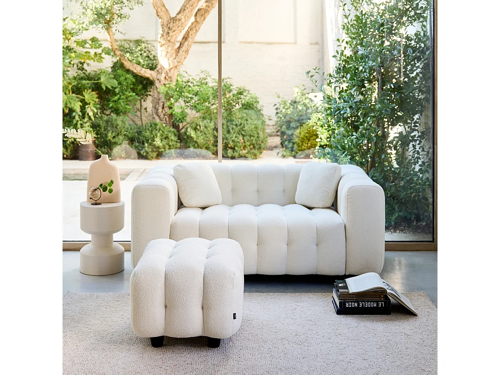 Pouf. module pour canapé. repose-pieds pour canapé 2 places en bouclette texturée crème L 69 x P 59 x H 48cm - Leon