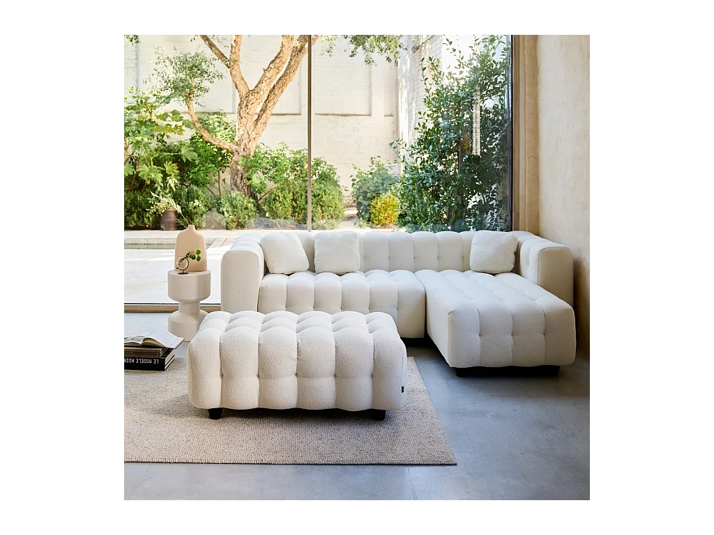 Pouf, poggiapiedi per divano 3 posti leon bouclé testurizzato, crema