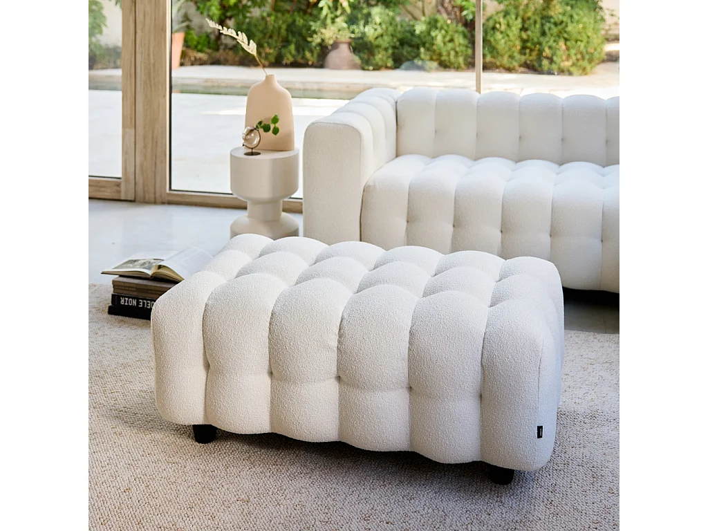 Pouf. module pour canapé. repose-pieds pour canapé d'angle 3 places en bouclette texturée crème L 115 x P 70 x H 48cm - Leon