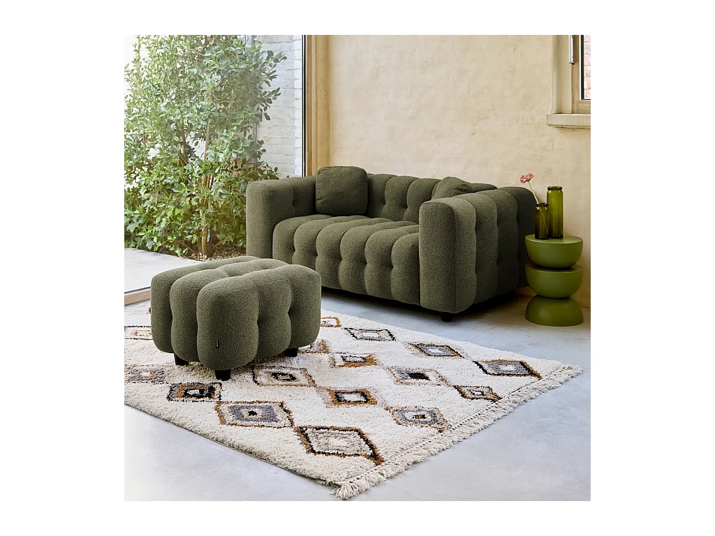 Pouf. module pour canapé. repose-pieds pour canapé 2 places en bouclette texturée kaki L 69 x P 59 x H 48cm - Leon