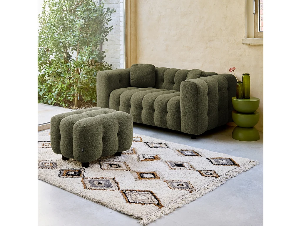 Pouf. module pour canapé. repose-pieds pour canapé 2 places en bouclette texturée kaki L 69 x P 59 x H 48cm - Leon