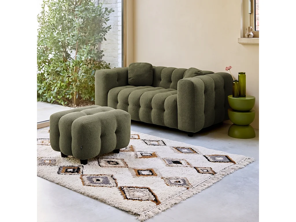 Pouf. module pour canapé. repose-pieds pour canapé 2 places en bouclette texturée kaki L 69 x P 59 x H 48cm - Leon