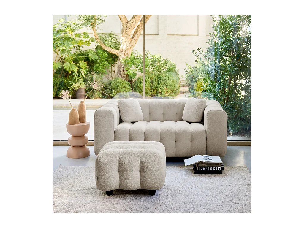 Pouf. module pour canapé. repose-pieds pour canapé 2 places en bouclette texturée beige L 69 x P 59 x H 48cm - Leon