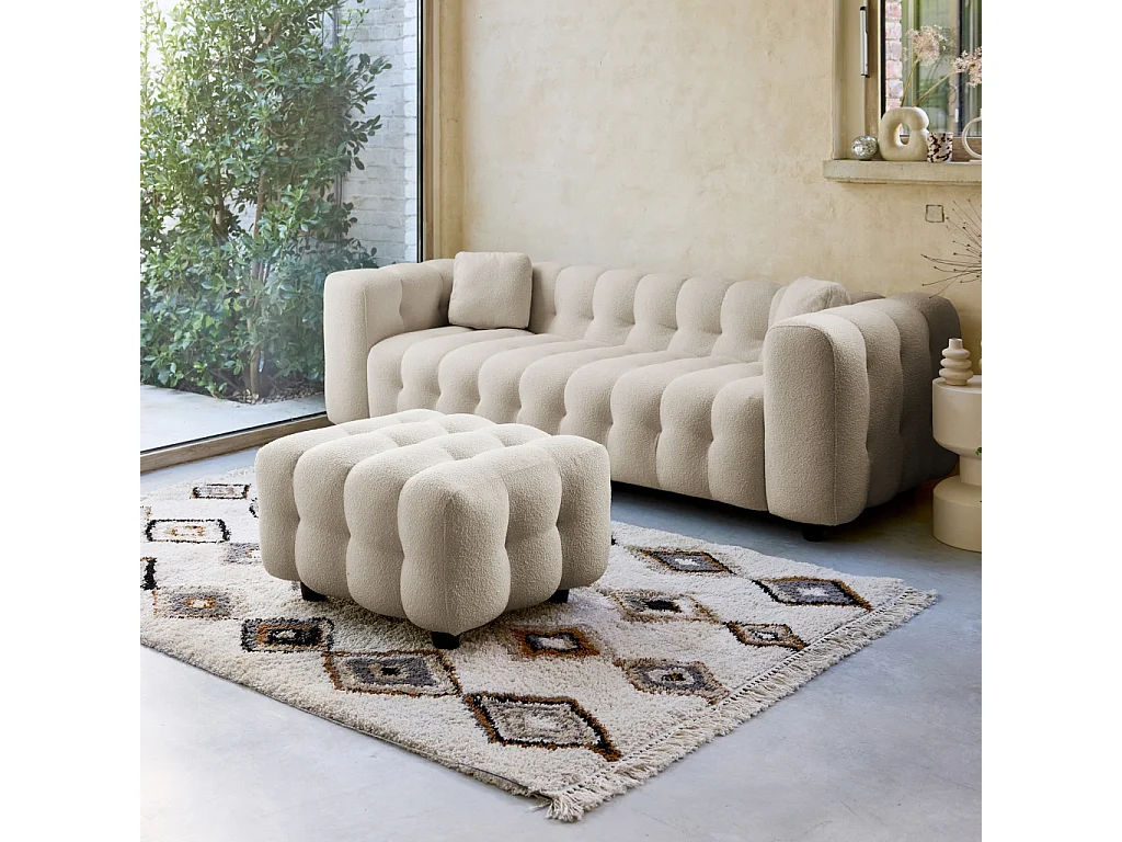 Pouf. module pour canapé. repose-pieds pour canapé 3 places en bouclette texturée beige L 69 x P 59 x H 48cm - Leon