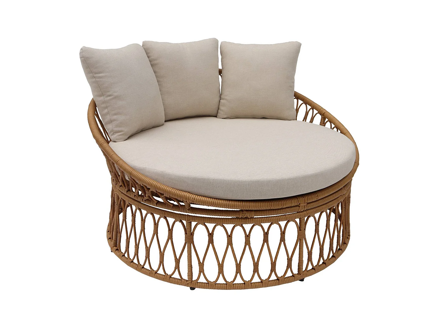 Bain de soleil. lit de jour. lounge extérieur rond acier et imitation rotin naturel et beige 2 places