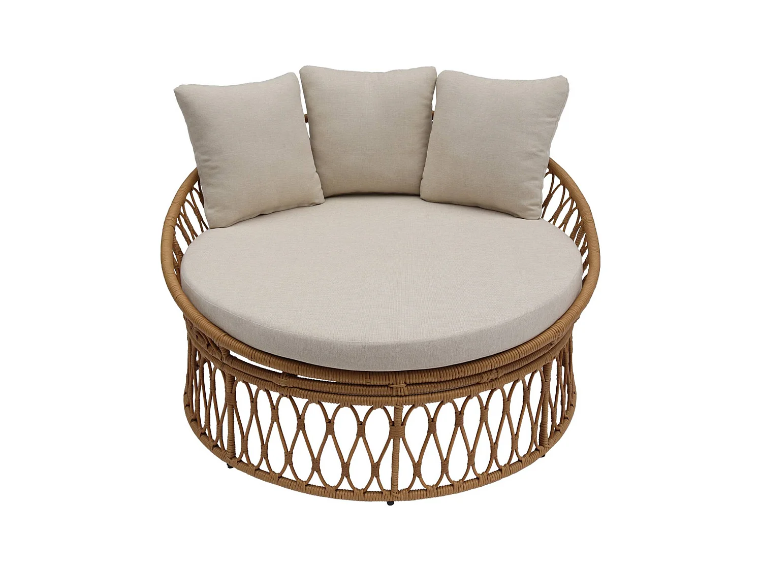 Bain de soleil. lit de jour. lounge extérieur rond acier et imitation rotin naturel et beige 2 places