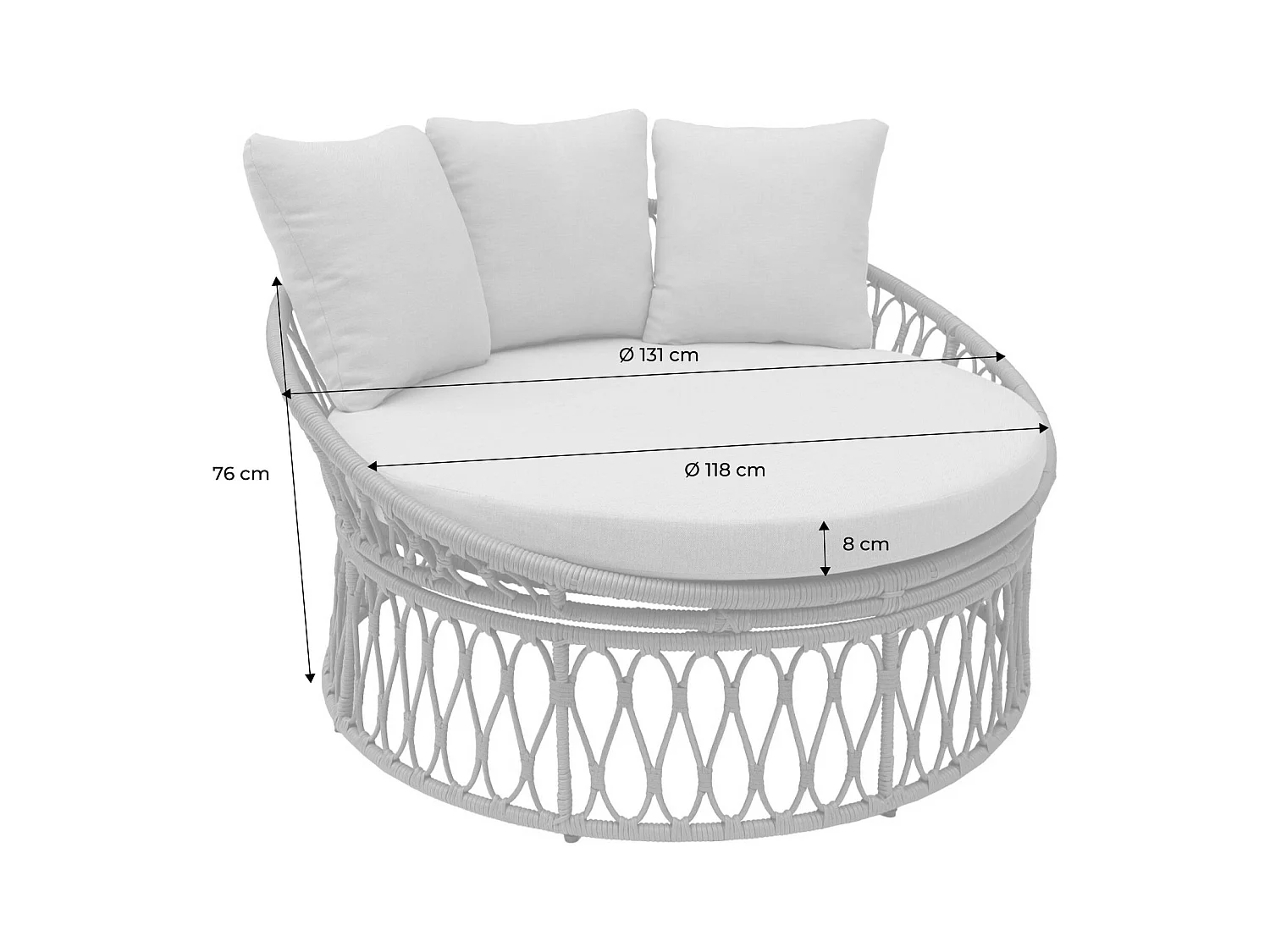 Bain de soleil. lit de jour. lounge extérieur rond acier et imitation rotin naturel et beige 2 places