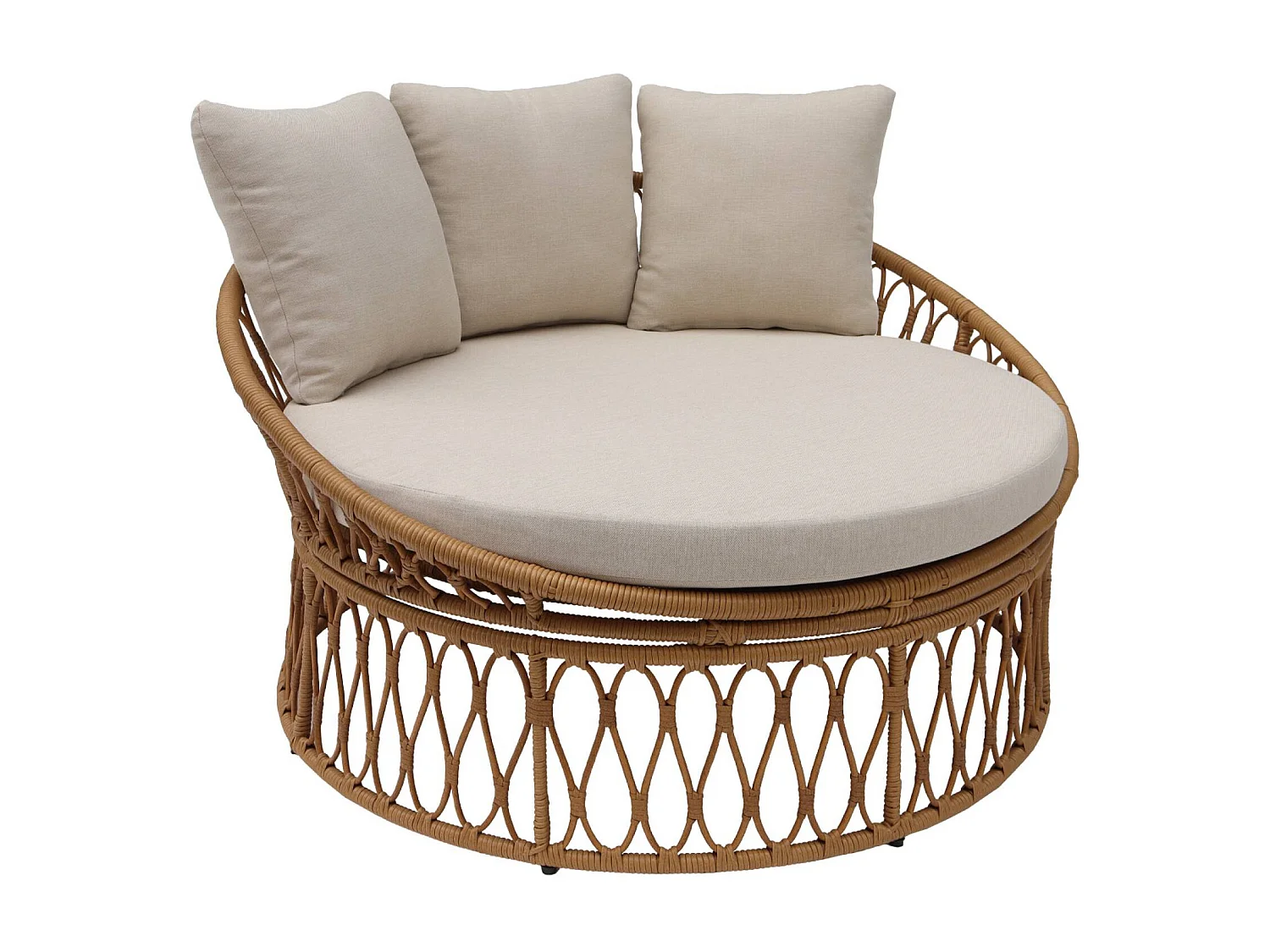 Bain de soleil. lit de jour. lounge extérieur rond acier et imitation rotin naturel et beige 2 places