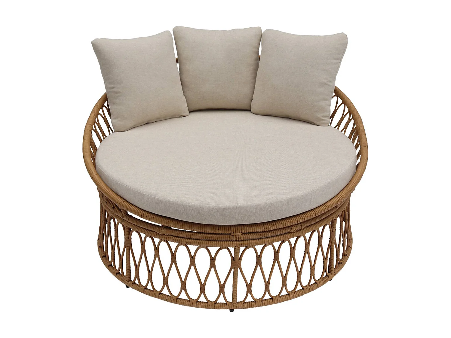 Bain de soleil. lit de jour. lounge extérieur rond acier et imitation rotin naturel et beige 2 places