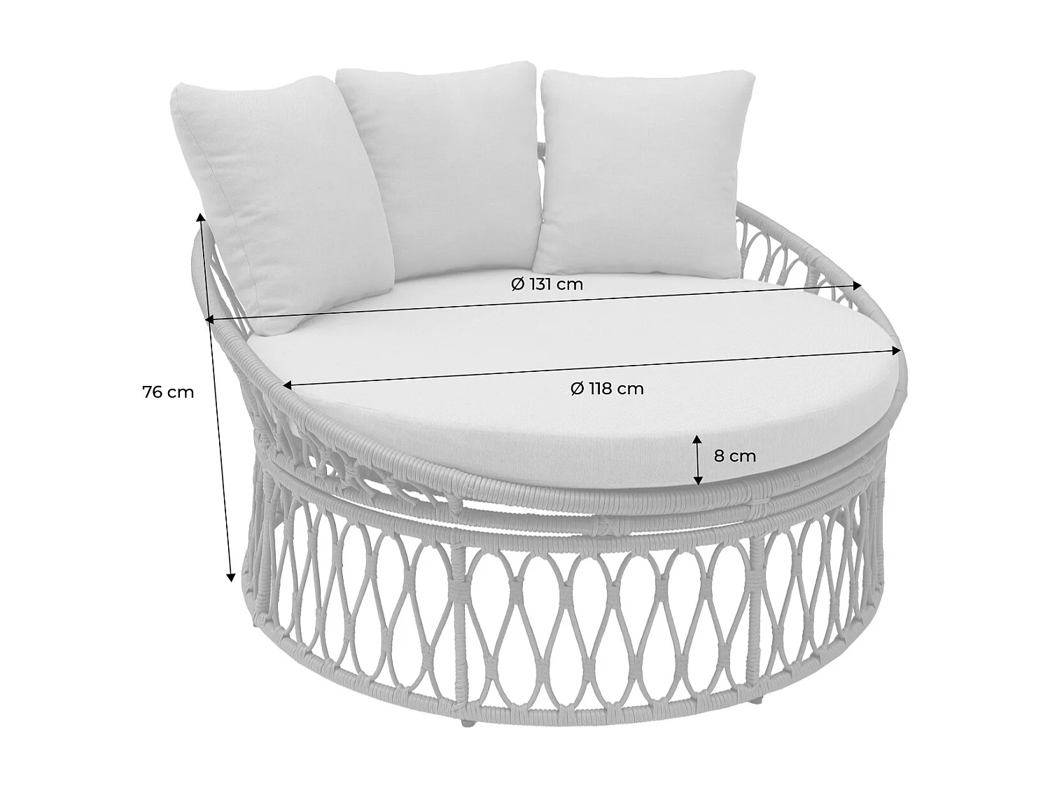 Bain de soleil. lit de jour. lounge extérieur rond acier et imitation rotin naturel et beige 2 places