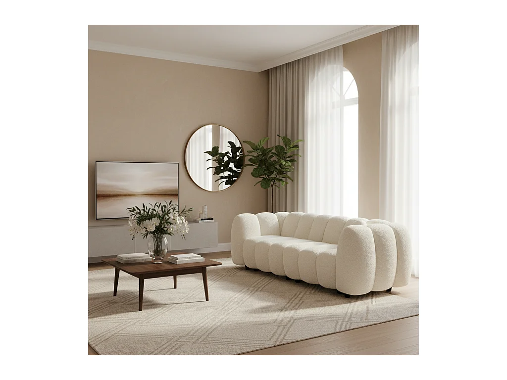 Sofá diseño redondeado con tejido borreguito de 3 plazas crema
