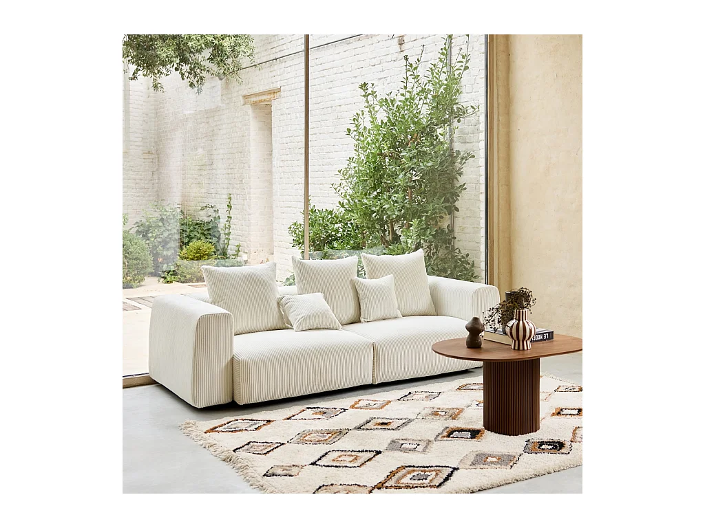 Sofá desenfundable de 3 plazas de terciopelo de pana gruesa crema