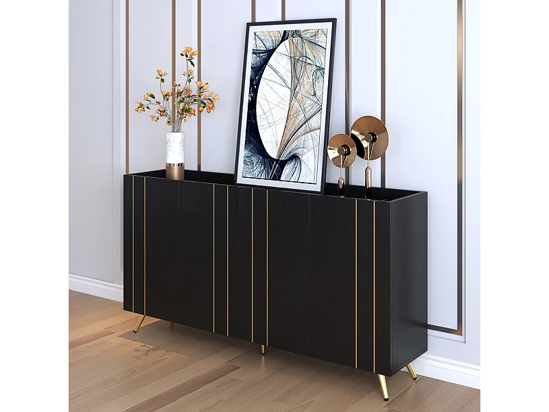Buffet avec 4 portes en Panneau de particules et acier - avec étagères réglables - Noir et Doré - 160x38x80cm