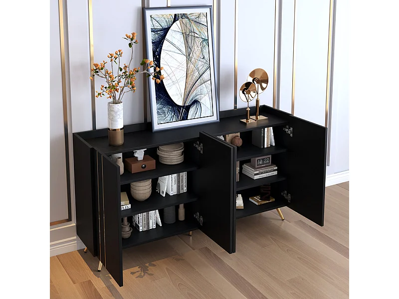 Buffet avec 4 portes en Panneau de particules et acier - avec étagères réglables - Noir et Doré - 160x38x80cm