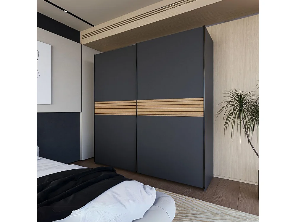 Armadio due ante scorrevoli Metropol colore antracite e inserti rovere – 200x58,1x204,5H