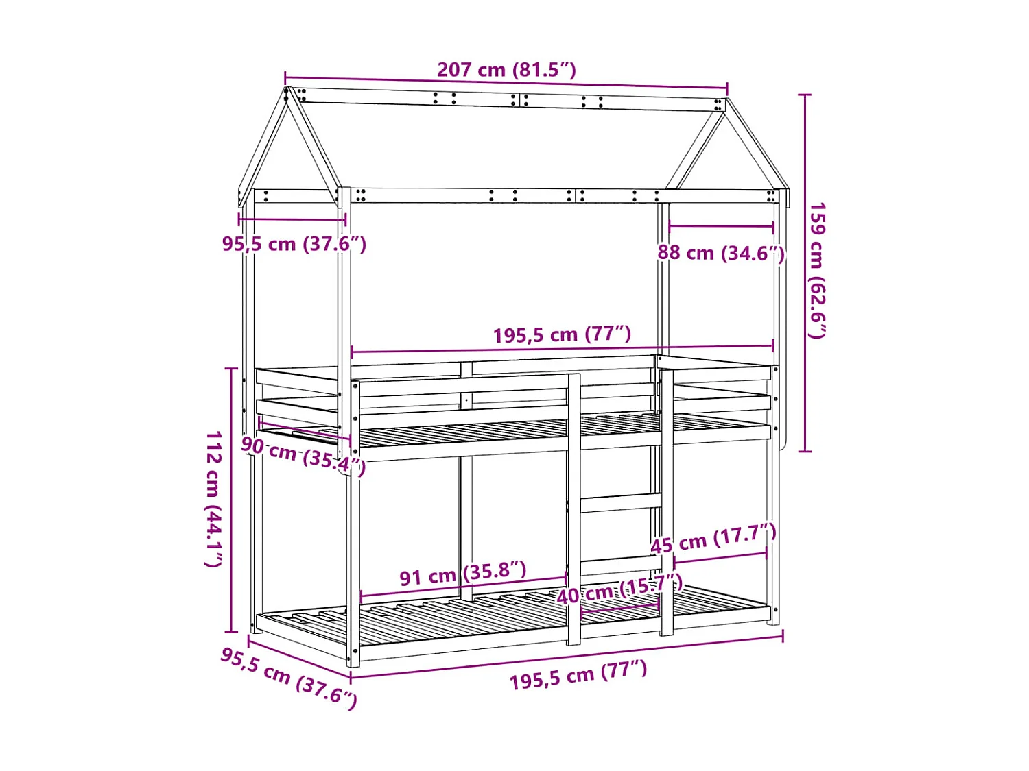 Lit superposé sans matelas blanc 90x190 cm bois de pin massif