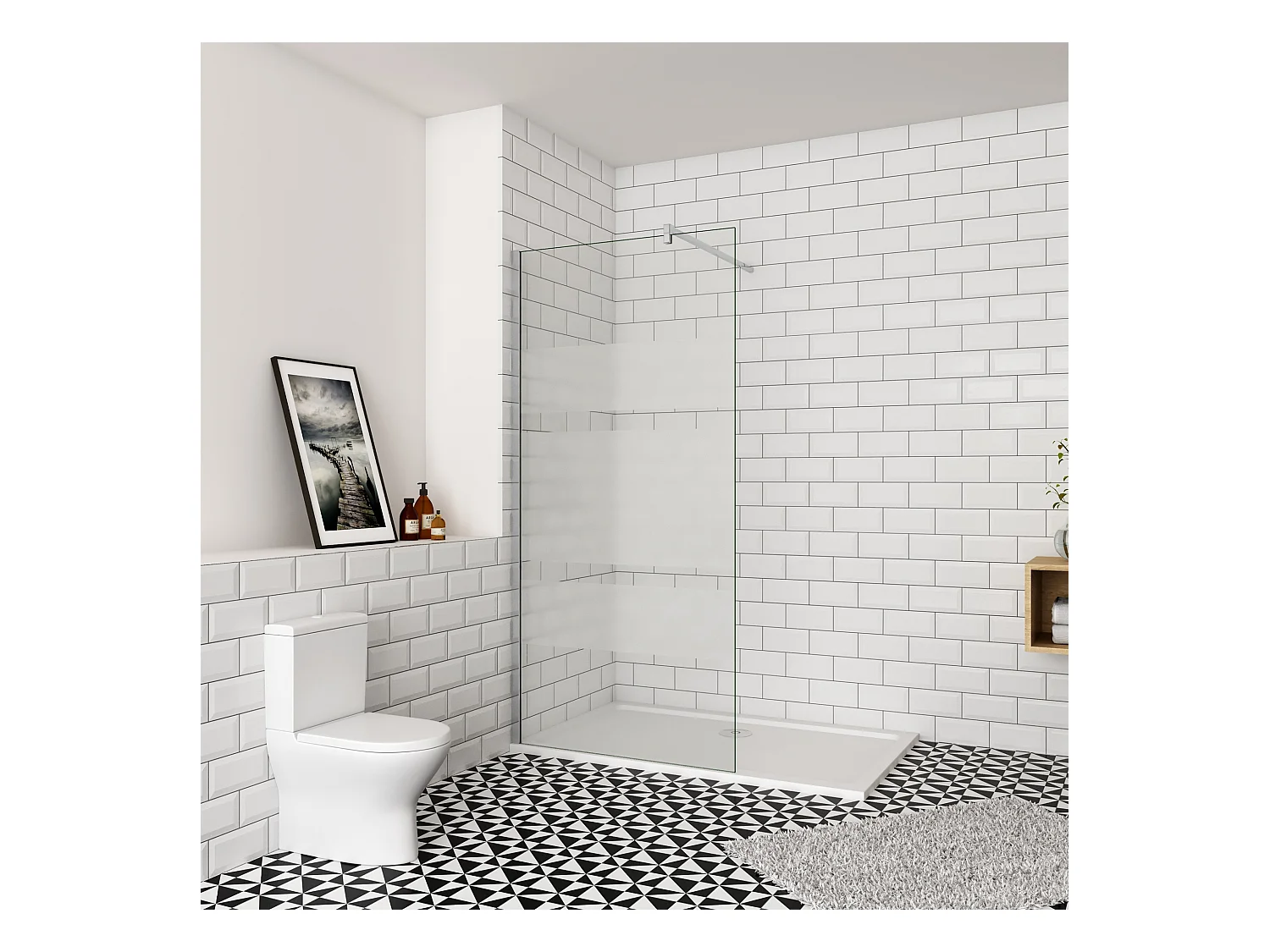 Inloopdouche-douchewand-walk in 6mm NANO EasyClean veiligheidsglas，60x190cm+F-Form:90cm Stabilisatiestang,glanzend chroom profiel